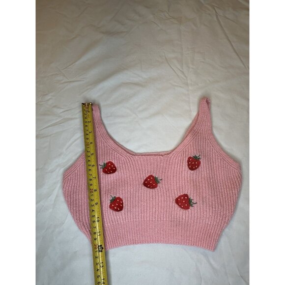 SheIn Embroidered Strawberry Knit sleeveless tank Top cropped pink shirt S 4 - Picture 6 of 6